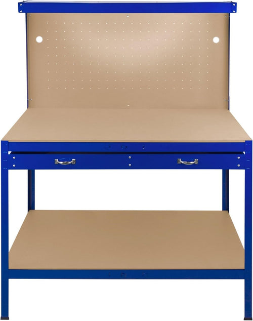 Blue Garage Workbench Steel Pegboard Drawer LED Light 370kg Tool Station