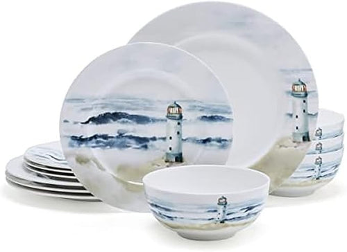 12pc Bone China Dinnerware Set Coastal Plates Bowls Lightweight Service for 4
