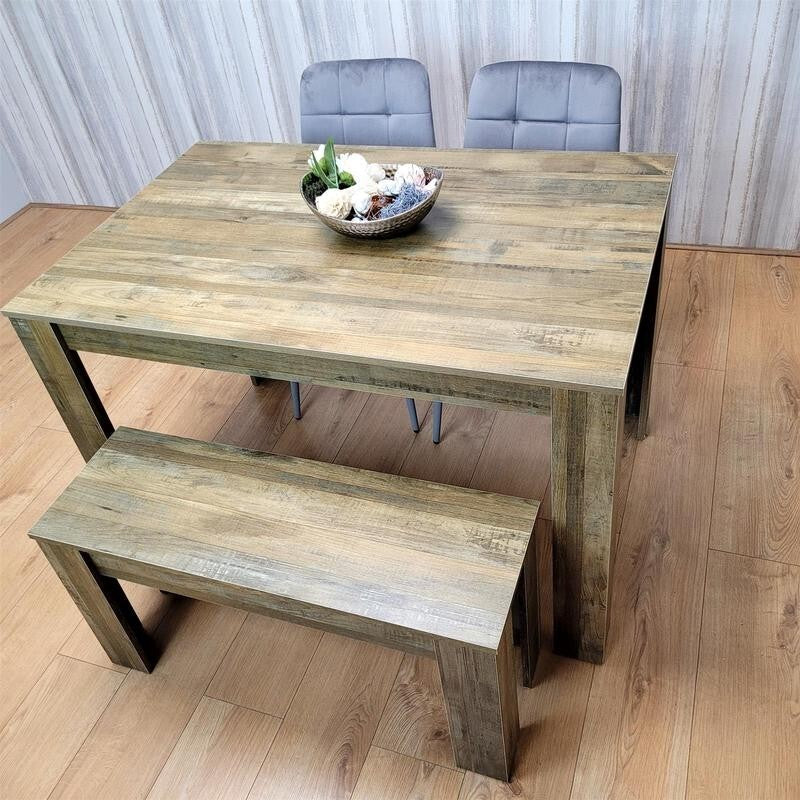 Rustic Dining Table Set with 2 Grey Velvet Chairs & Wooden Bench for 4