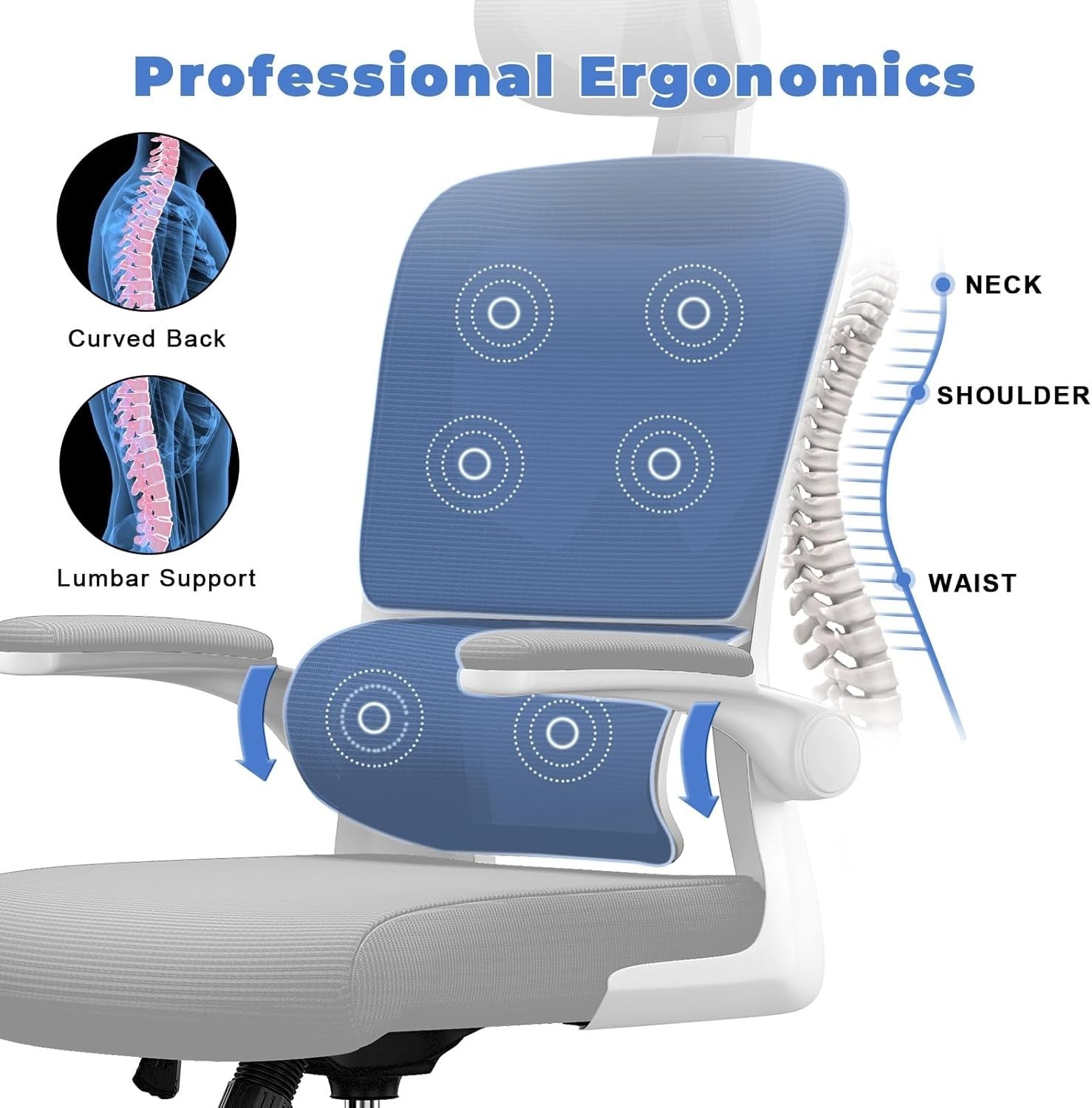 Ergonomic Mesh Office Chair Tall Adjustable Headrest Back Support Flip-up Arms