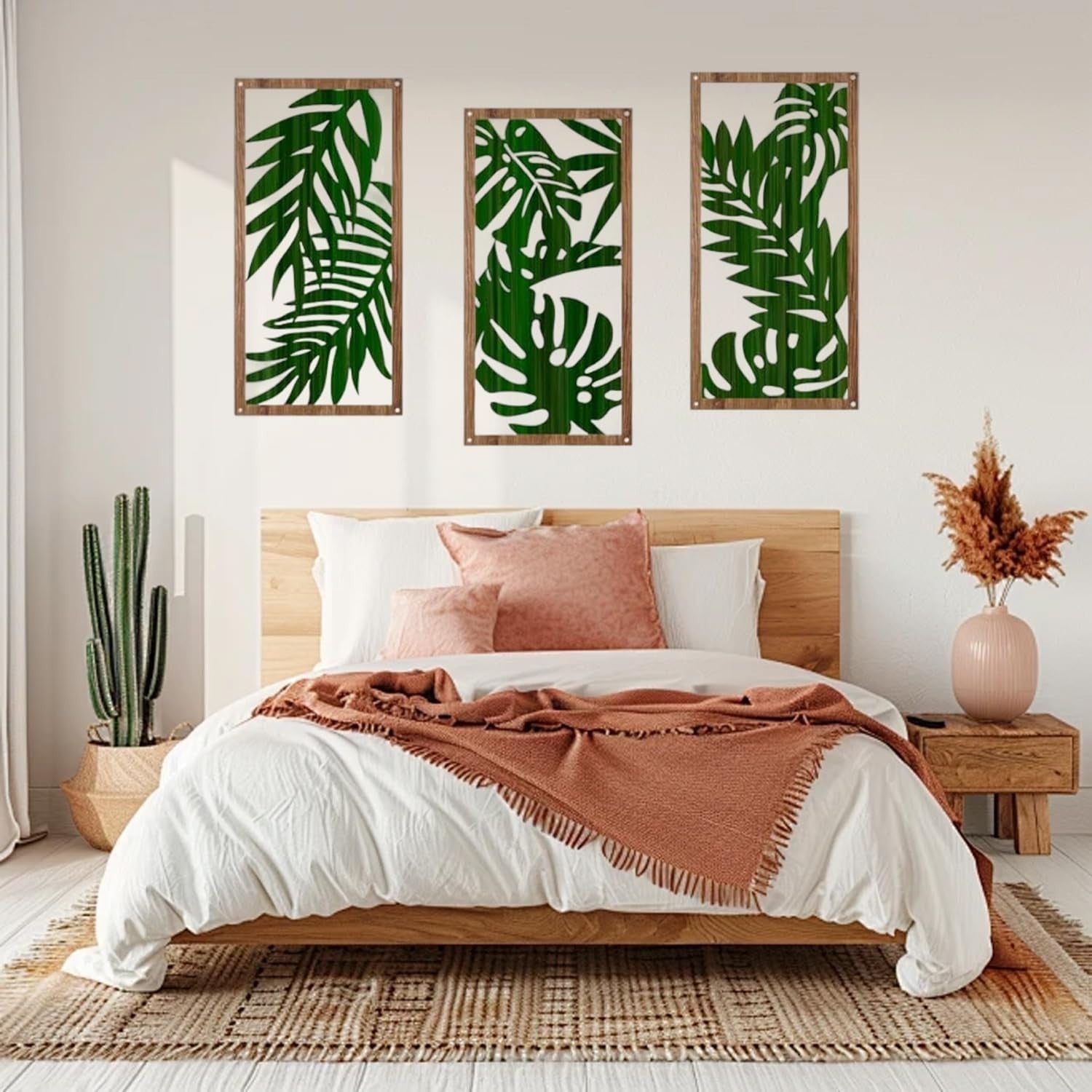 3PCS Wooden Boho Wall Art 30x15cm Geometric Leaf Wall Decor