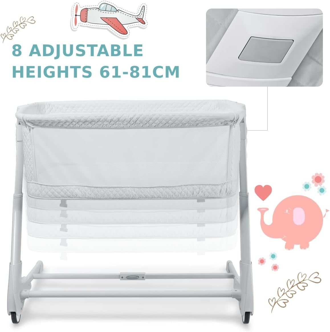 Bedside Baby Crib Adjustable Bassinet with Mattress & Wheels, Breathable White