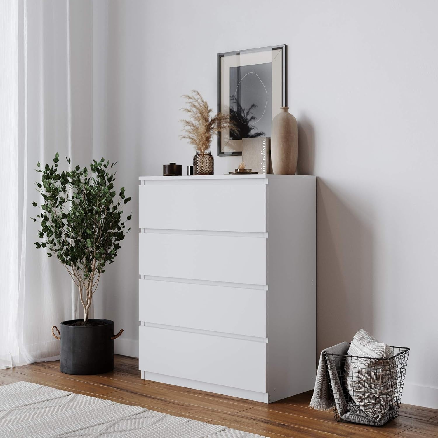 Modern 4 Drawer White Chest Bedroom Storage Cabinet Minimalist Design