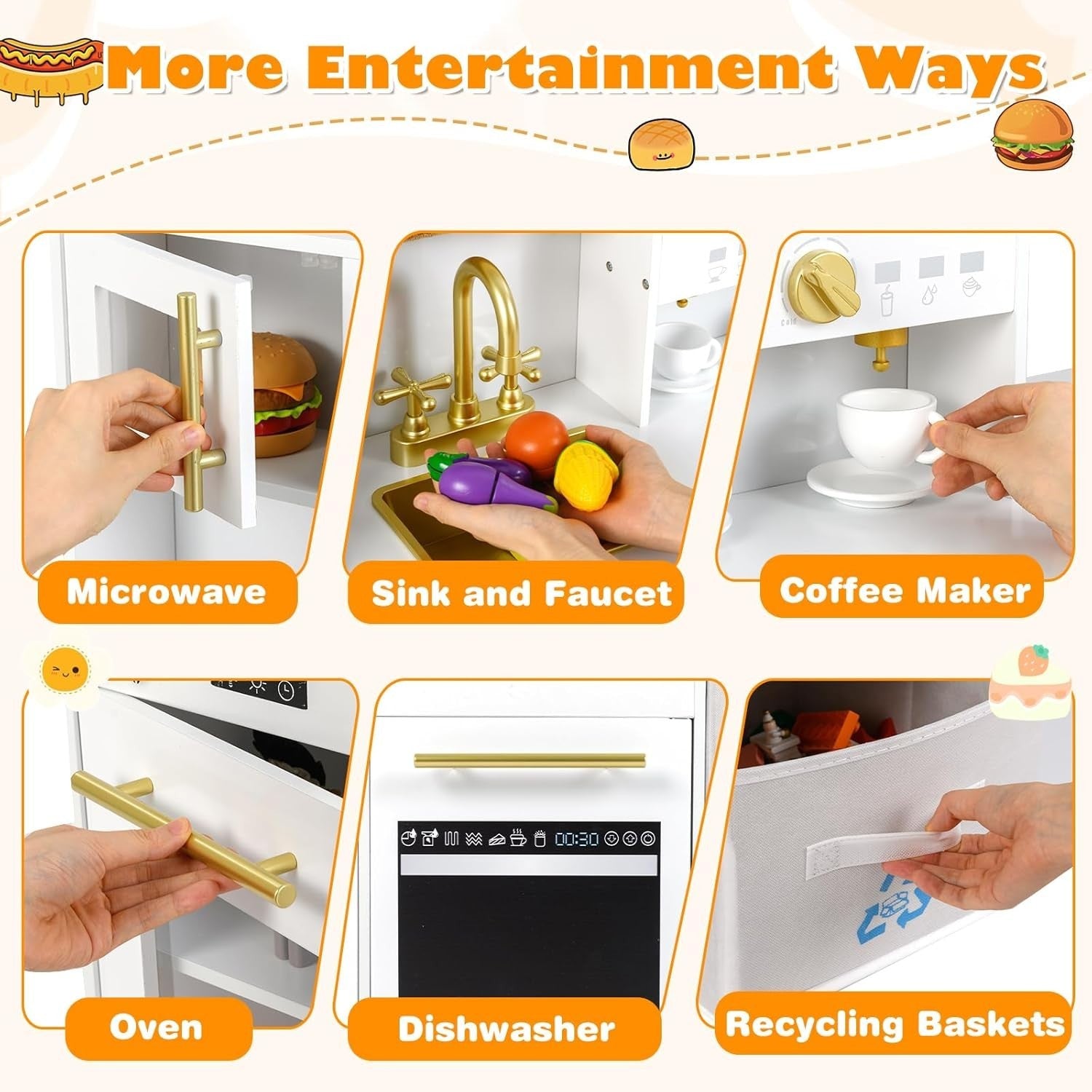 Large Wooden Kids Play Kitchen White w/ Lights Sounds Microwave