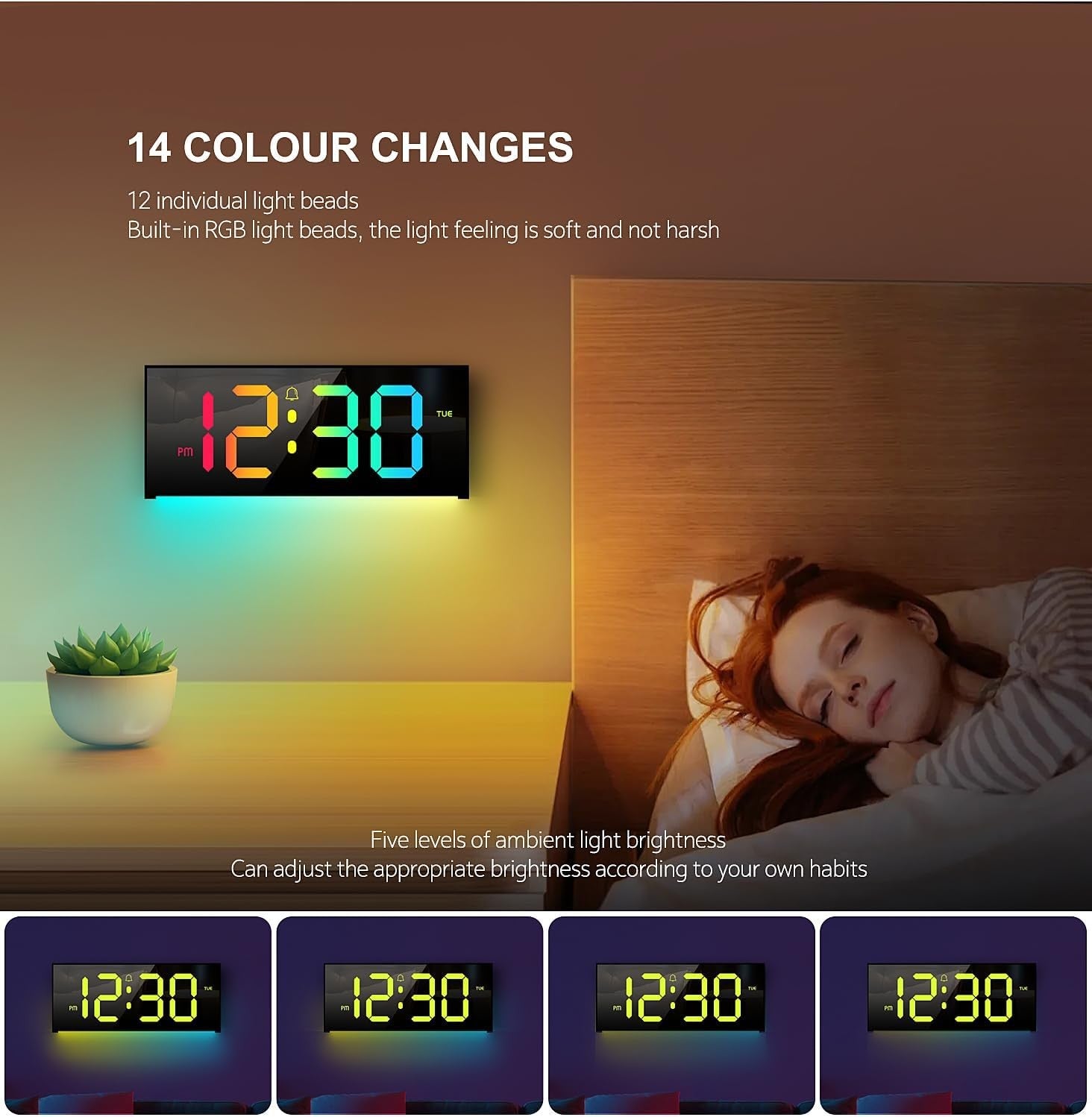 Large LED Digital Alarm Clock Remote Control Auto Dimming Ambient Light