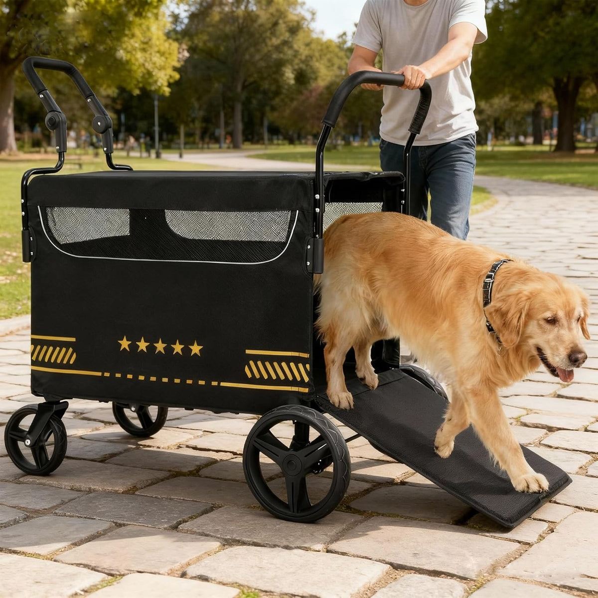 Heavy Duty Dog Stroller with Ramp Large Dogs 80kg Foldable Pet Buggy Black