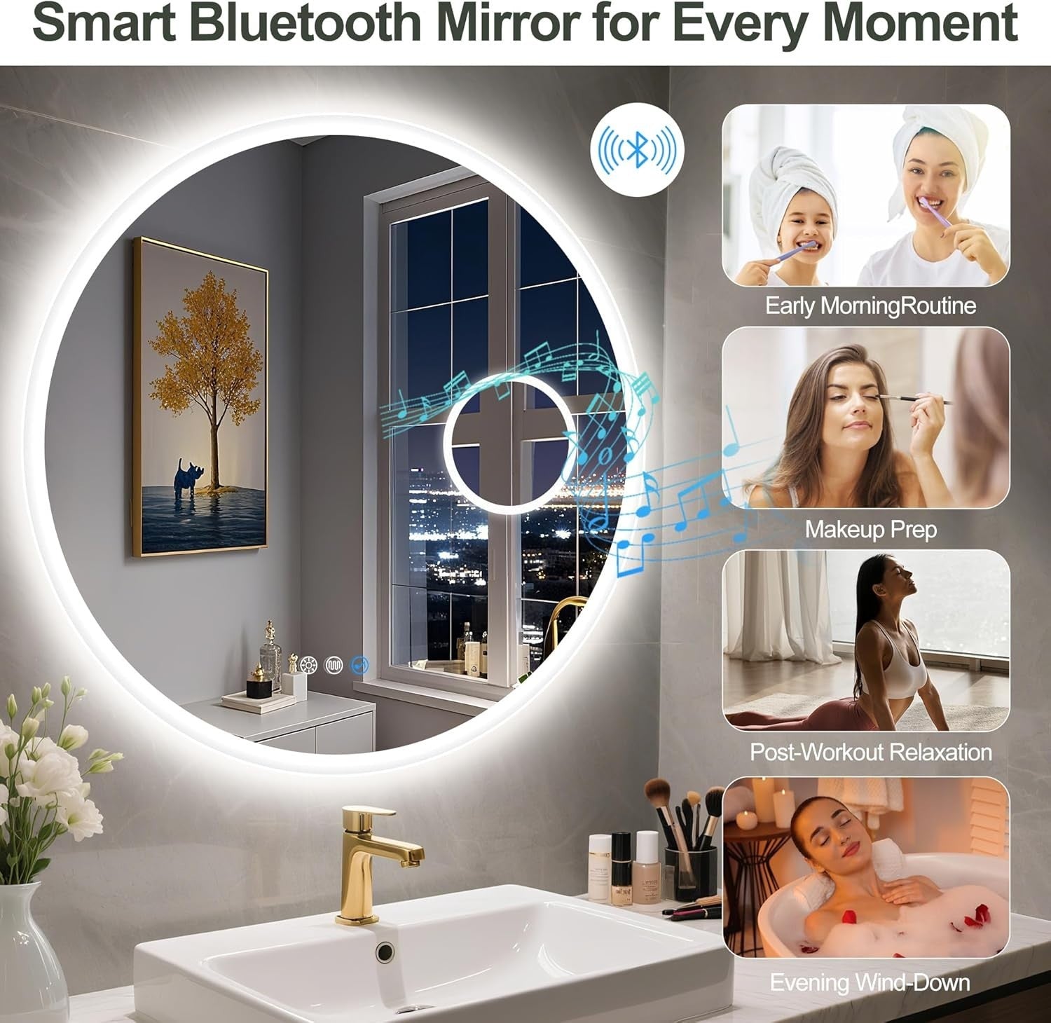 Bluetooth LED Bathroom Mirror 60x60cm with 5x Magnifier & Anti-Fog