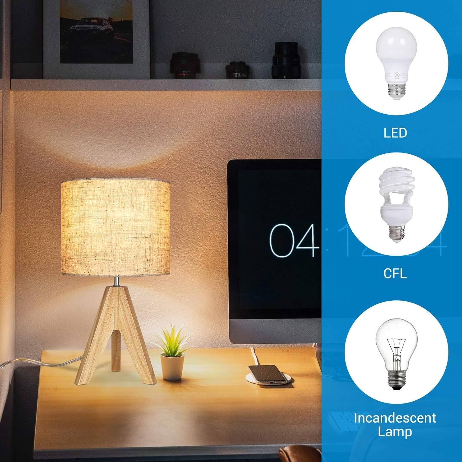 Wood Bedside Table Lamp Tripod Desk Light Linen Shade E27 Bedroom
