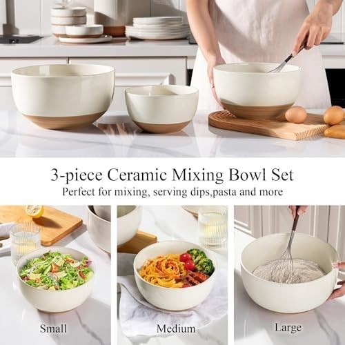 3-Piece Light Beige Ceramic Mixing Bowls Set Nesting Microwave & Dishwasher Safe