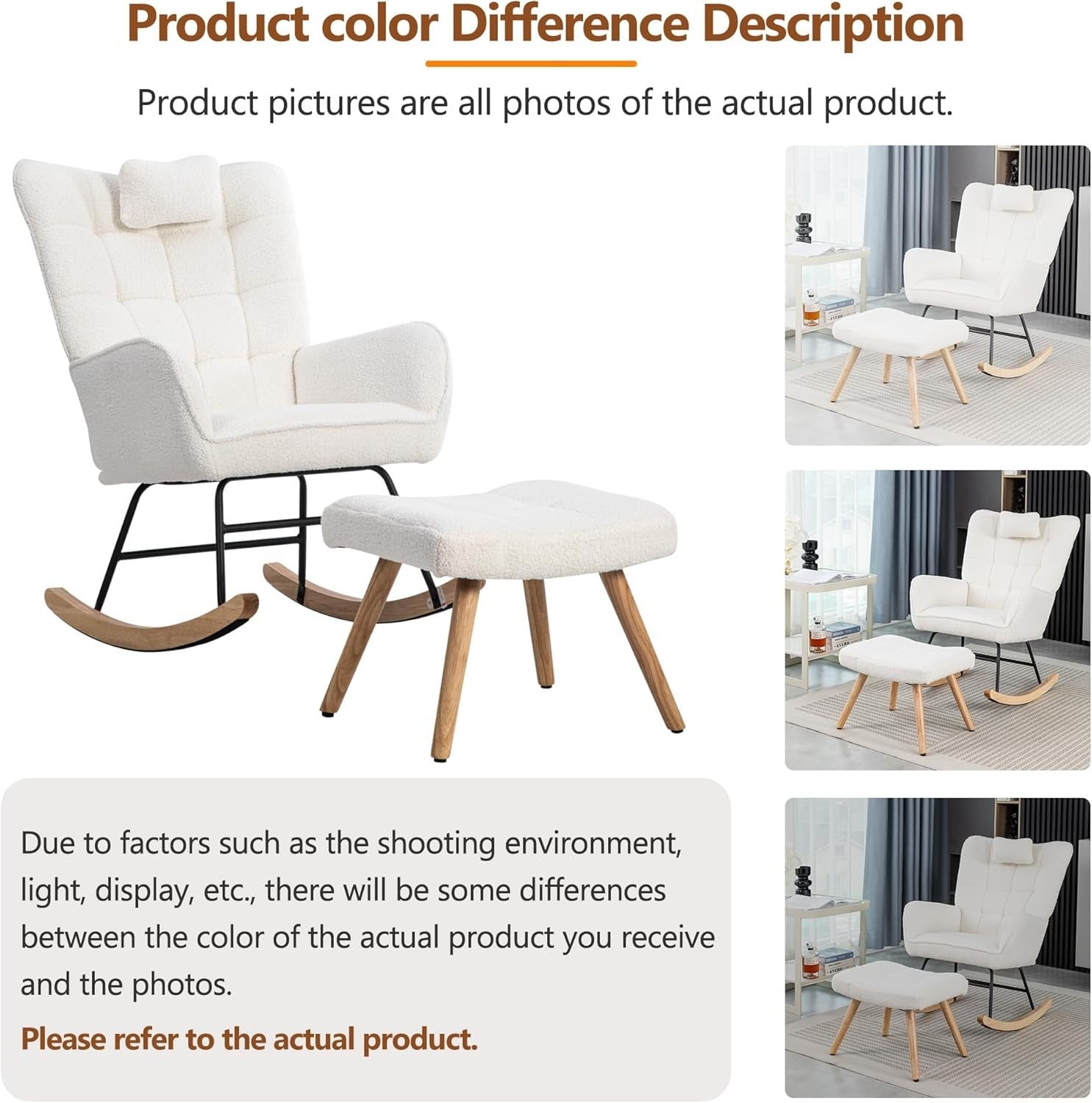 Tufted Rocking Chair with Footstool – High Back, Soft Linen, Solid Wood Legs