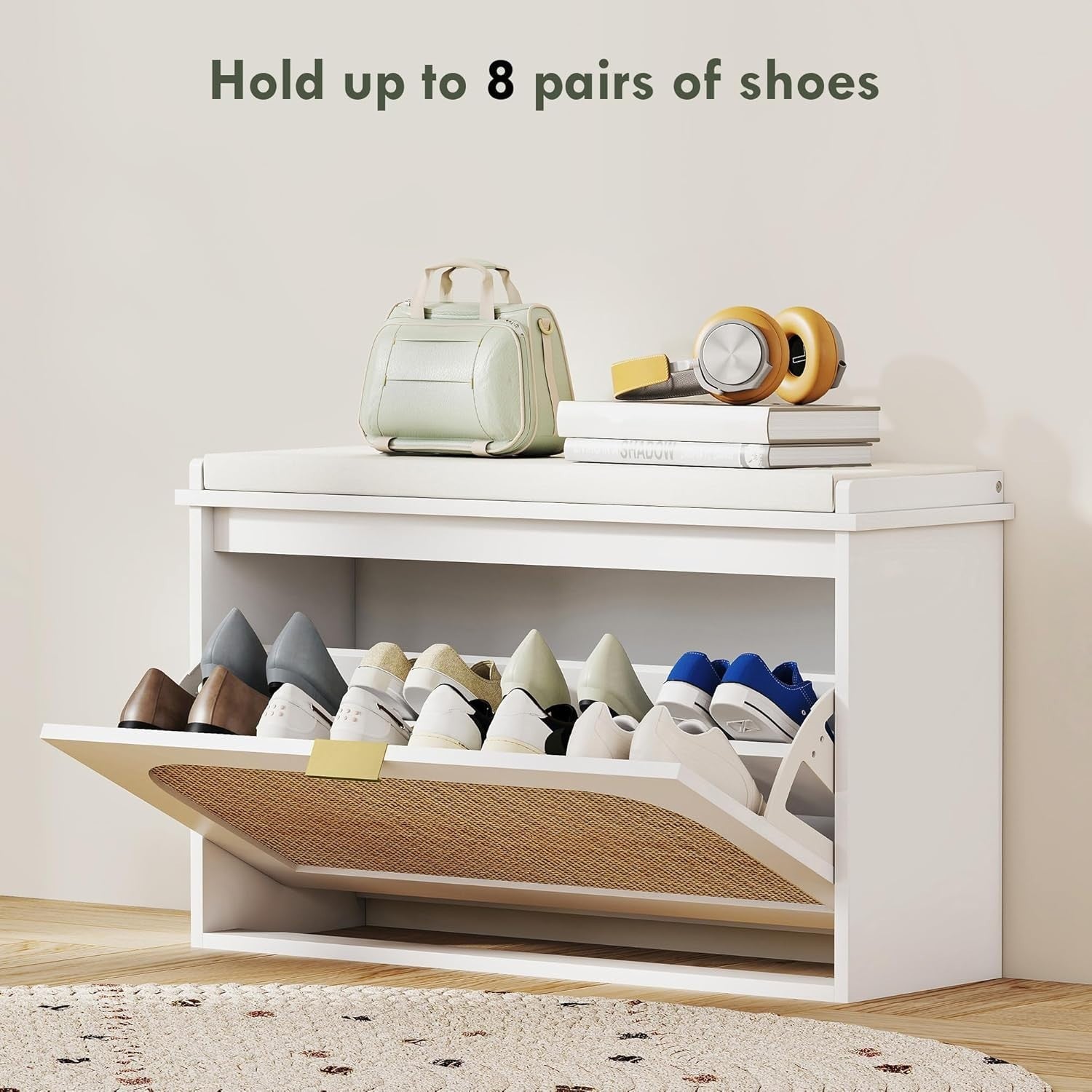Compact Shoe Storage Bench with Flip Drawer & Padded Seat, Holds 8 Pairs