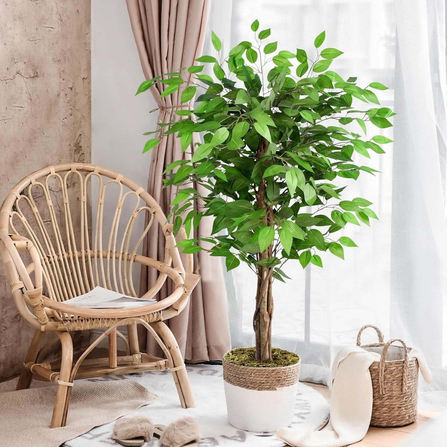 5ft / 150cm Artificial Ficus Tree w/ Curved Trunks Green Leaf Indoor Home Decor