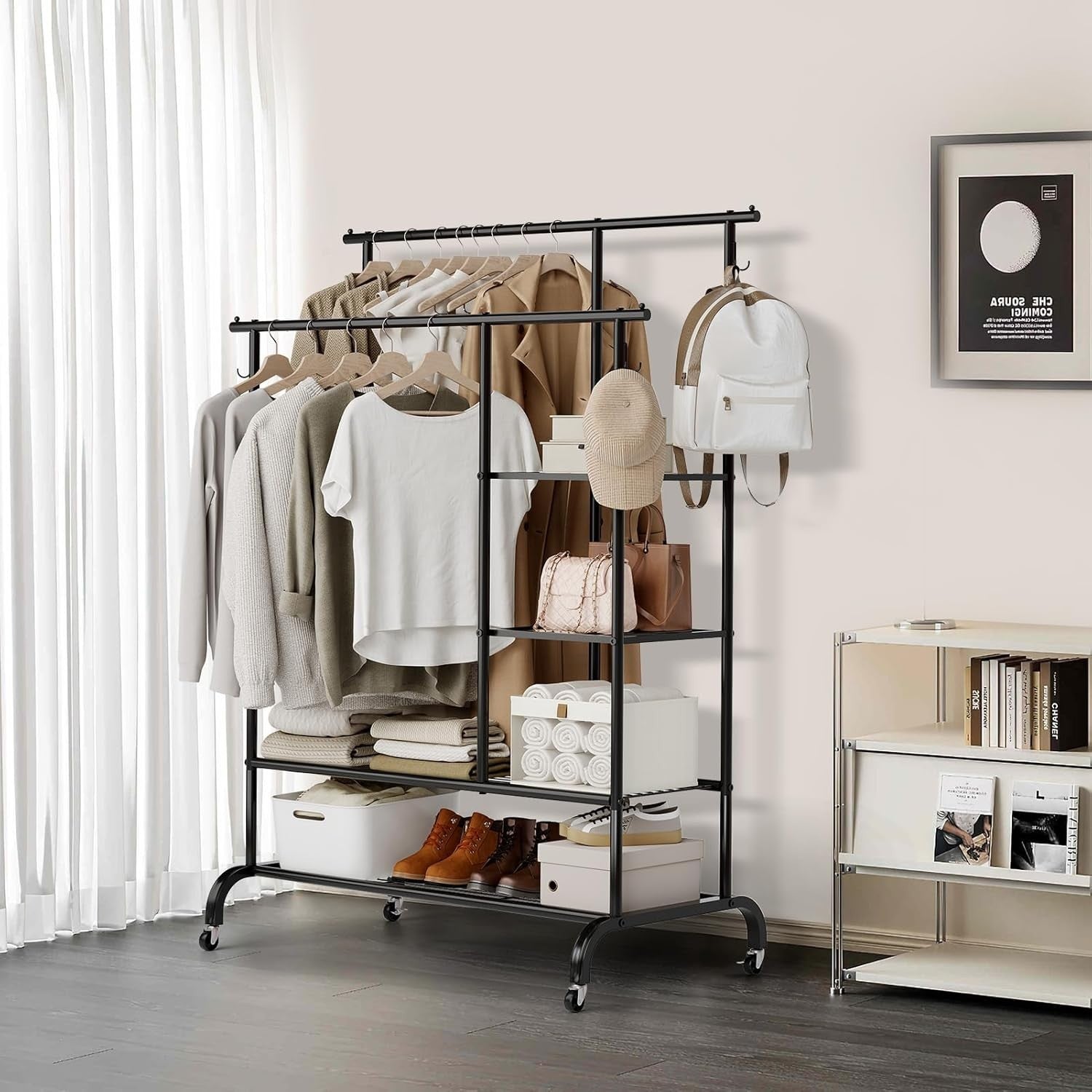 Heavy Duty Double Clothes Rail with Shelves & Wheels Black
