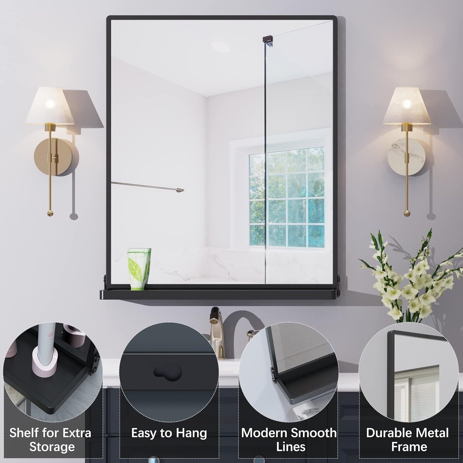 Modern Black Wall Mirror with Shelf 62x50cm – Sleek, Scratch-Resistant