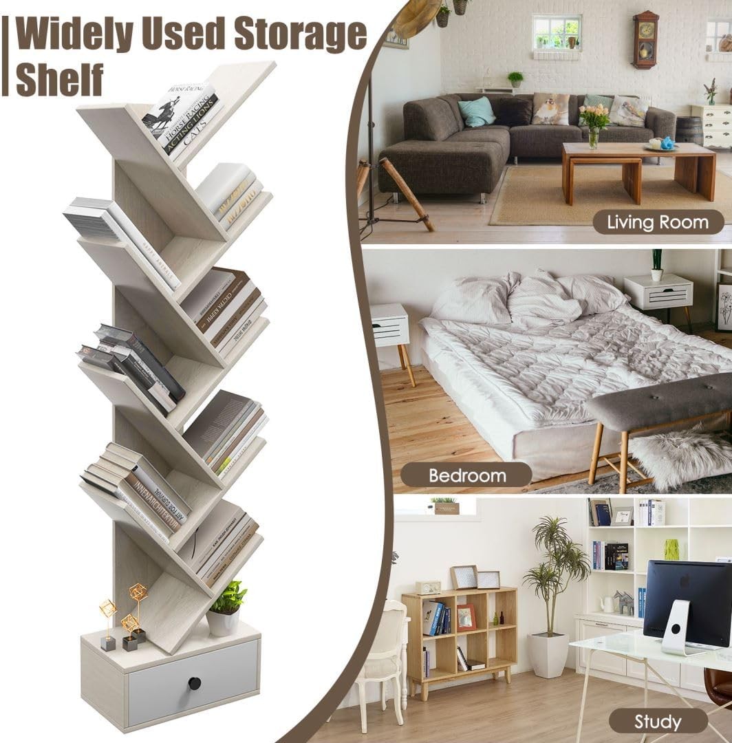 10-Tier Tree Bookshelf Floor Standing Wooden Bookcase with Drawer Storage