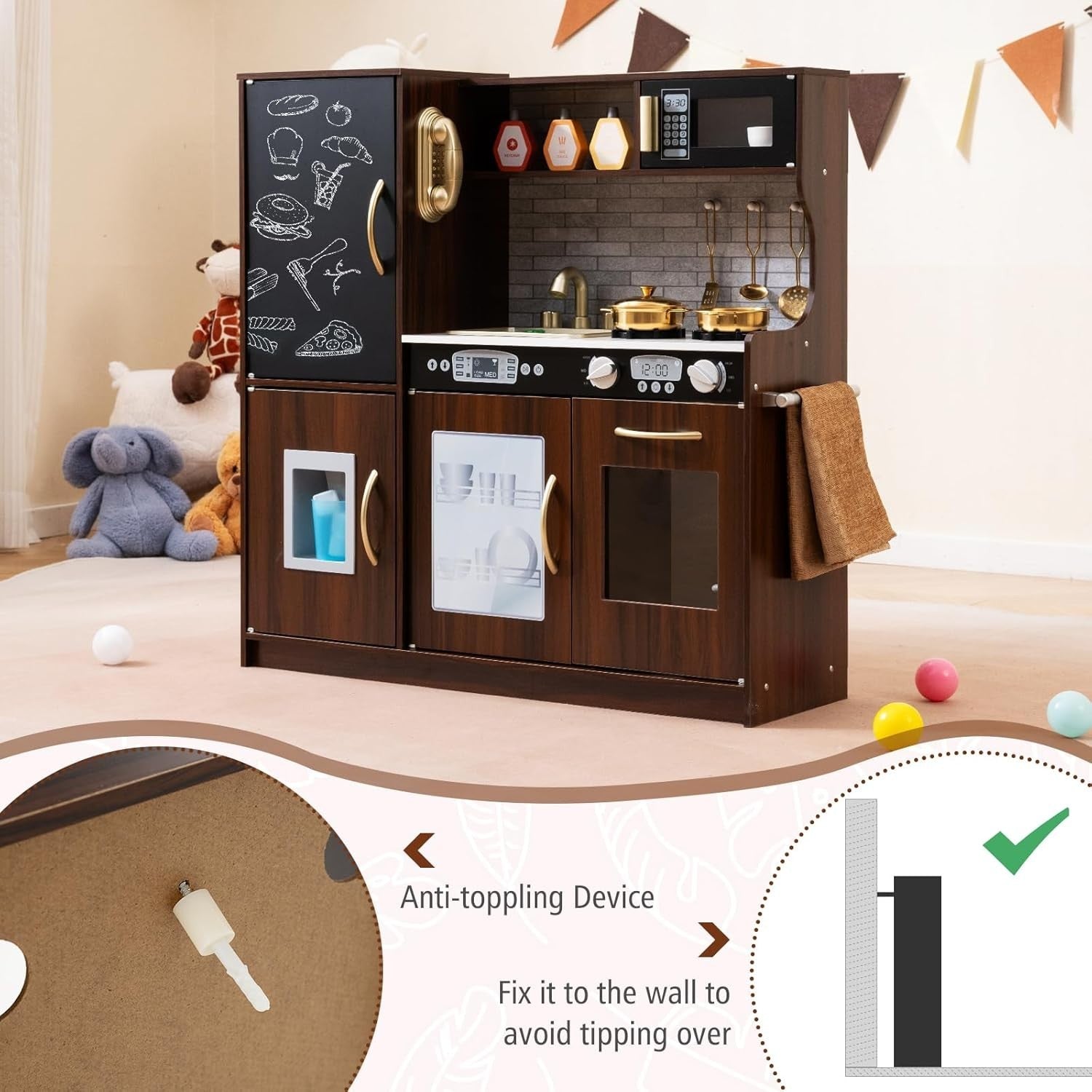 Wooden Kids Play Kitchen Coffee w/ Chalkboard Ice Maker Microwave