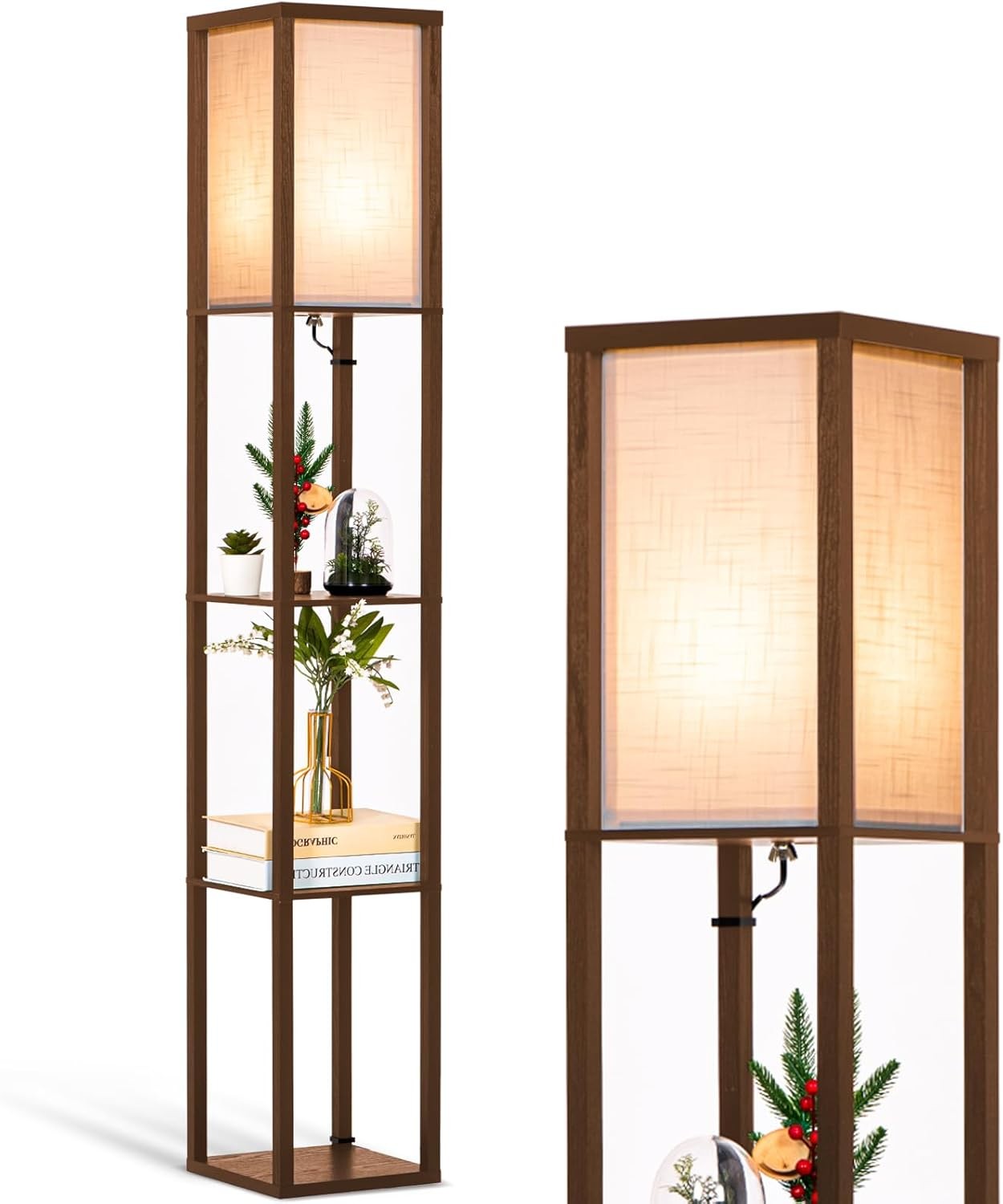 Floor Lamp with Shelves Wooden Standing LED Light Storage Display Walnut