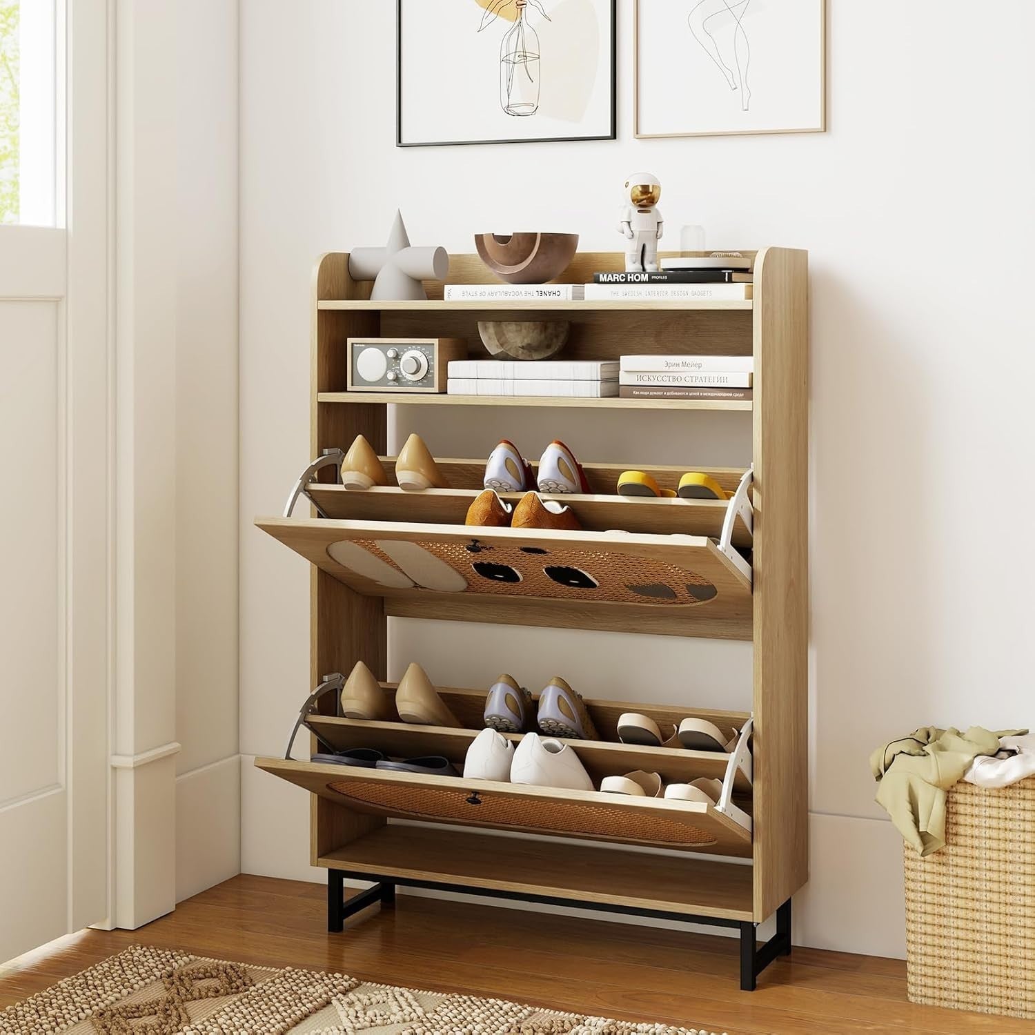 Narrow Rattan Shoe Cabinet with 2 Flip Drawers & Open Shelf 80x24x115cm