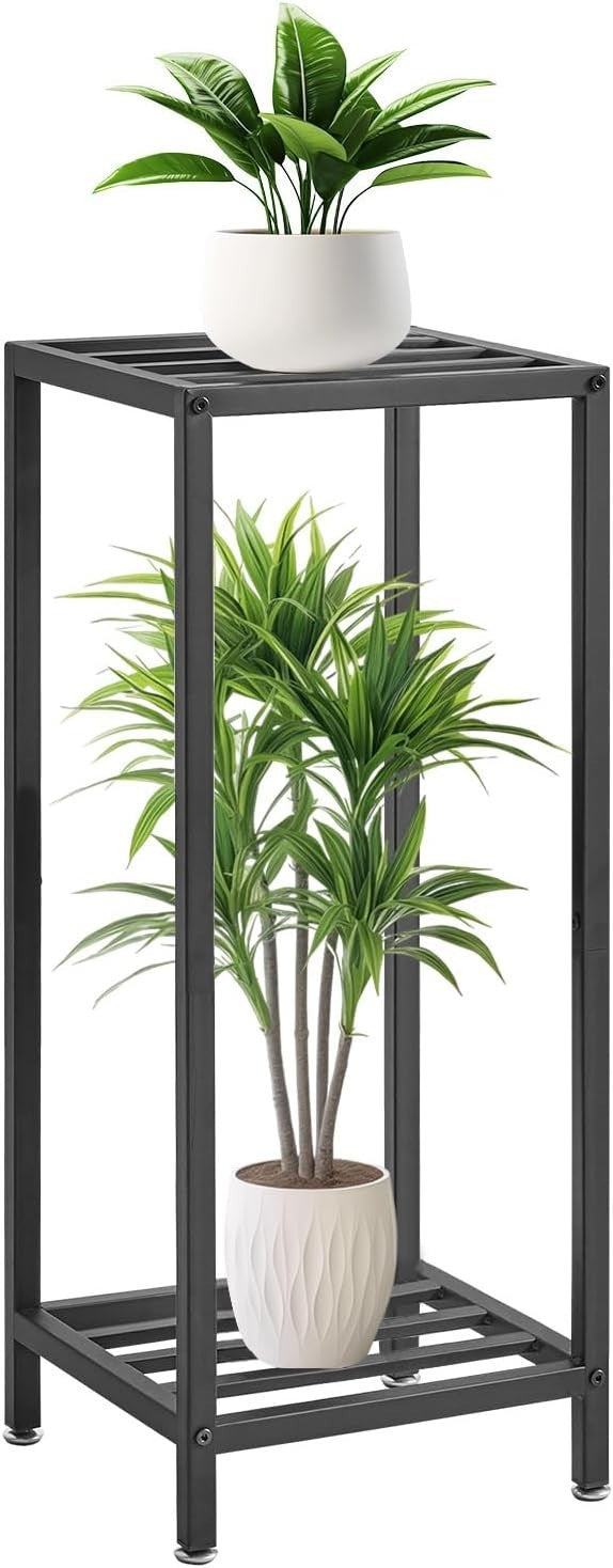 2 Tier Black Metal Plant Stand Indoor Outdoor 30 Inch Modern Tall Flower Shelf