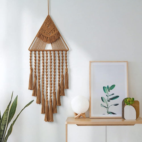 Brown Triangle Macrame Wall Hanging Boho Tassel Decor 70cm