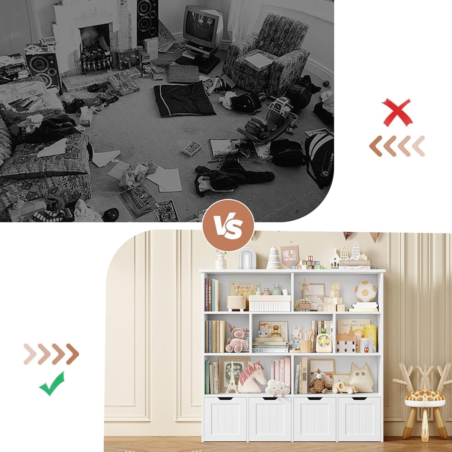 Kids Toy Storage Unit with 7 Open Shelves & 4 Drawer Organizer – White