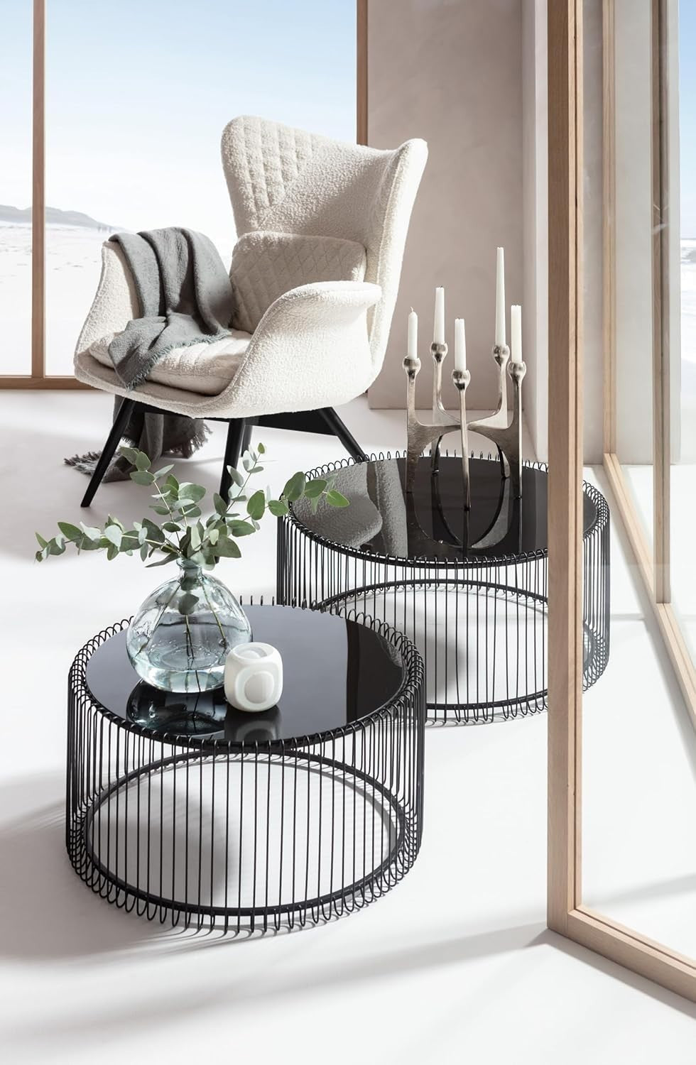 Modern Black Round Glass Coffee Table Set of 2 – Steel Frame, 70cm & 60cm