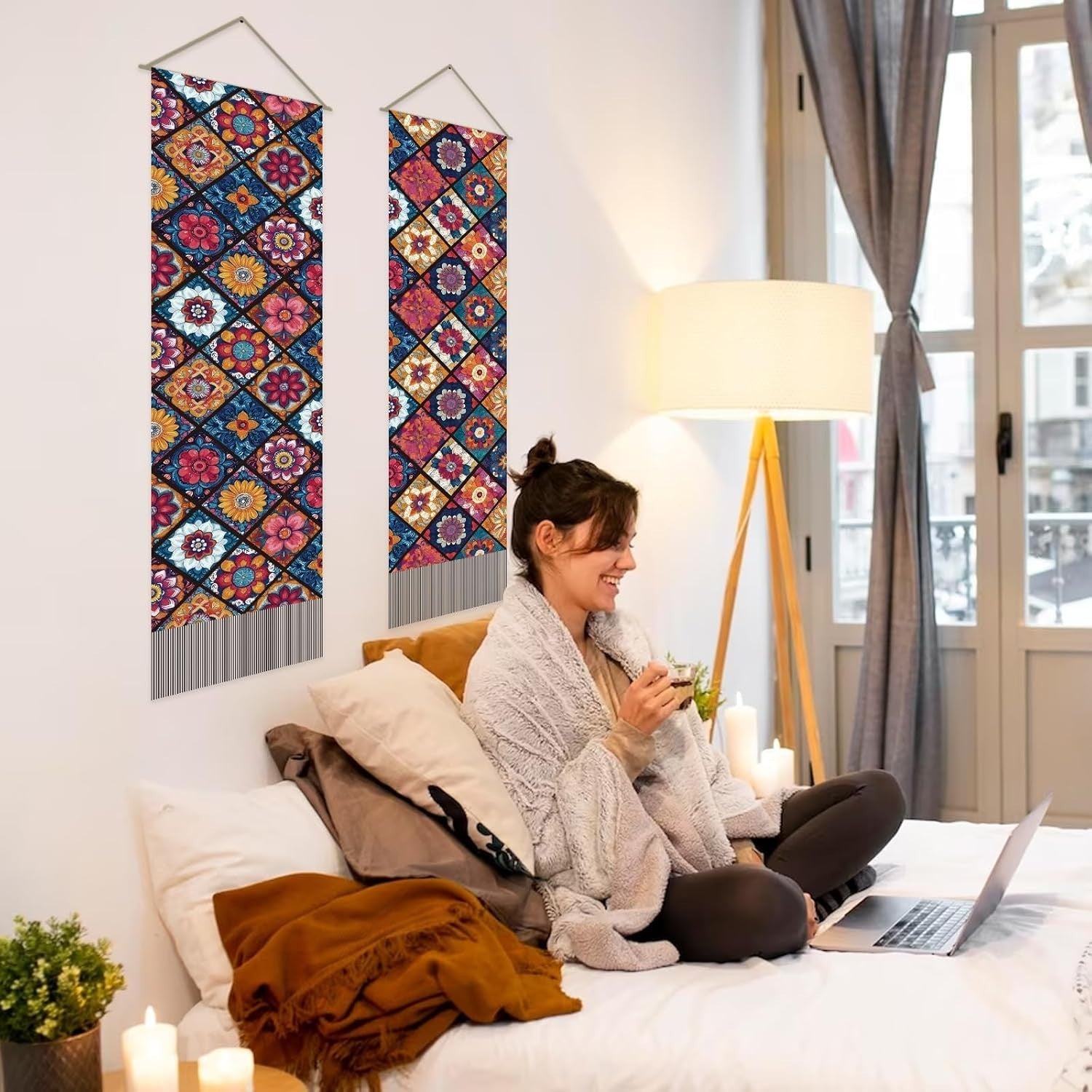 2PCS Boho Mandala Tapestry 33x116cm Floral Wall Hanging Decor