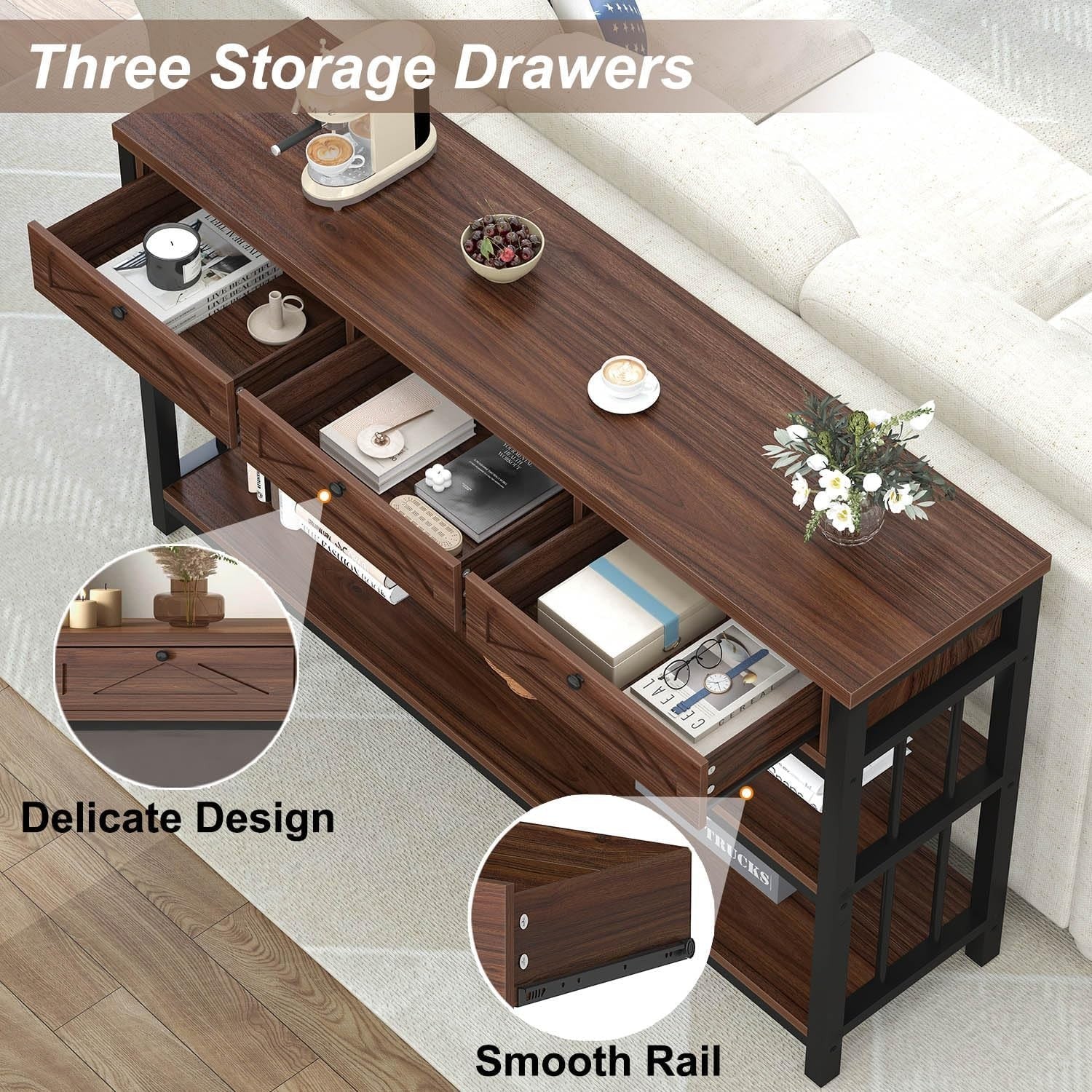 55" Rustic Walnut Sofa Table with Drawers & Shelves – Storage & Style