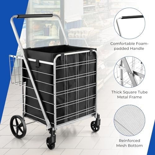 126L Foldable Shopping Trolley Cart – Heavy-Duty Metal, Waterproof, Black+Silver