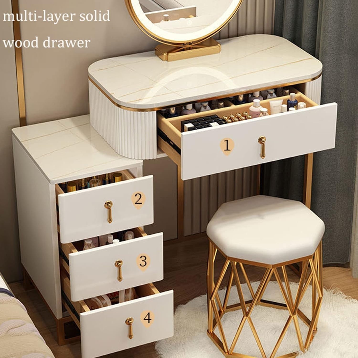 Modern Vanity Makeup Dressing Table Set LED Mirror Wireless Charger Grey/White
