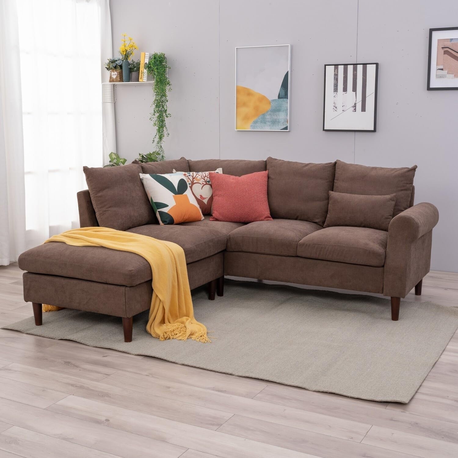 5 Seater Corner Sofa with Chaise & USB Port – Brown Linen, Space-Saving Sectiona