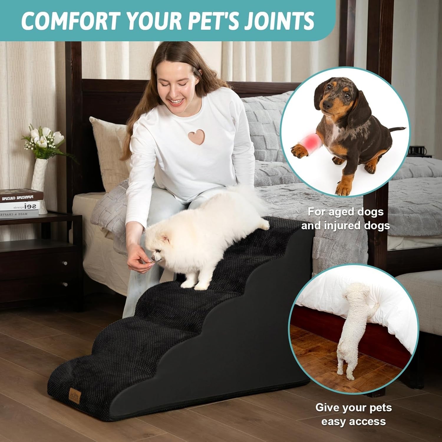 Dog Stairs 5 Step Foam Pet Ramp for Bed Sofa Leakproof Black