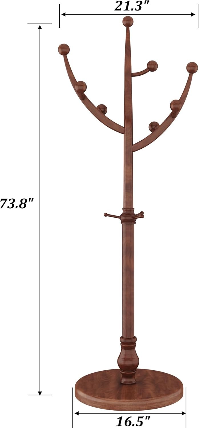 Walnut Wooden Coat Rack Stand 11 Hooks Freestanding Hall Tree with Round Base