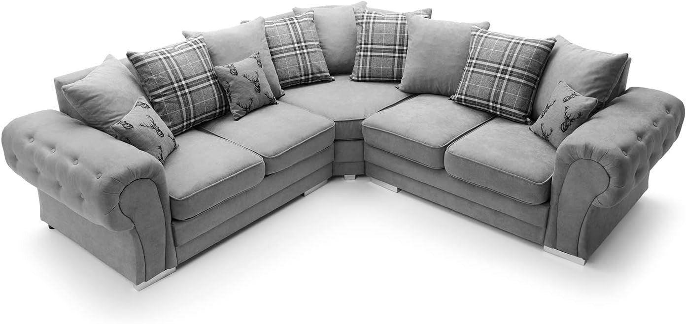 Grey L Shape Corner Sofa 5 Seater with Luxury Foam Cushions & Chrome Legs