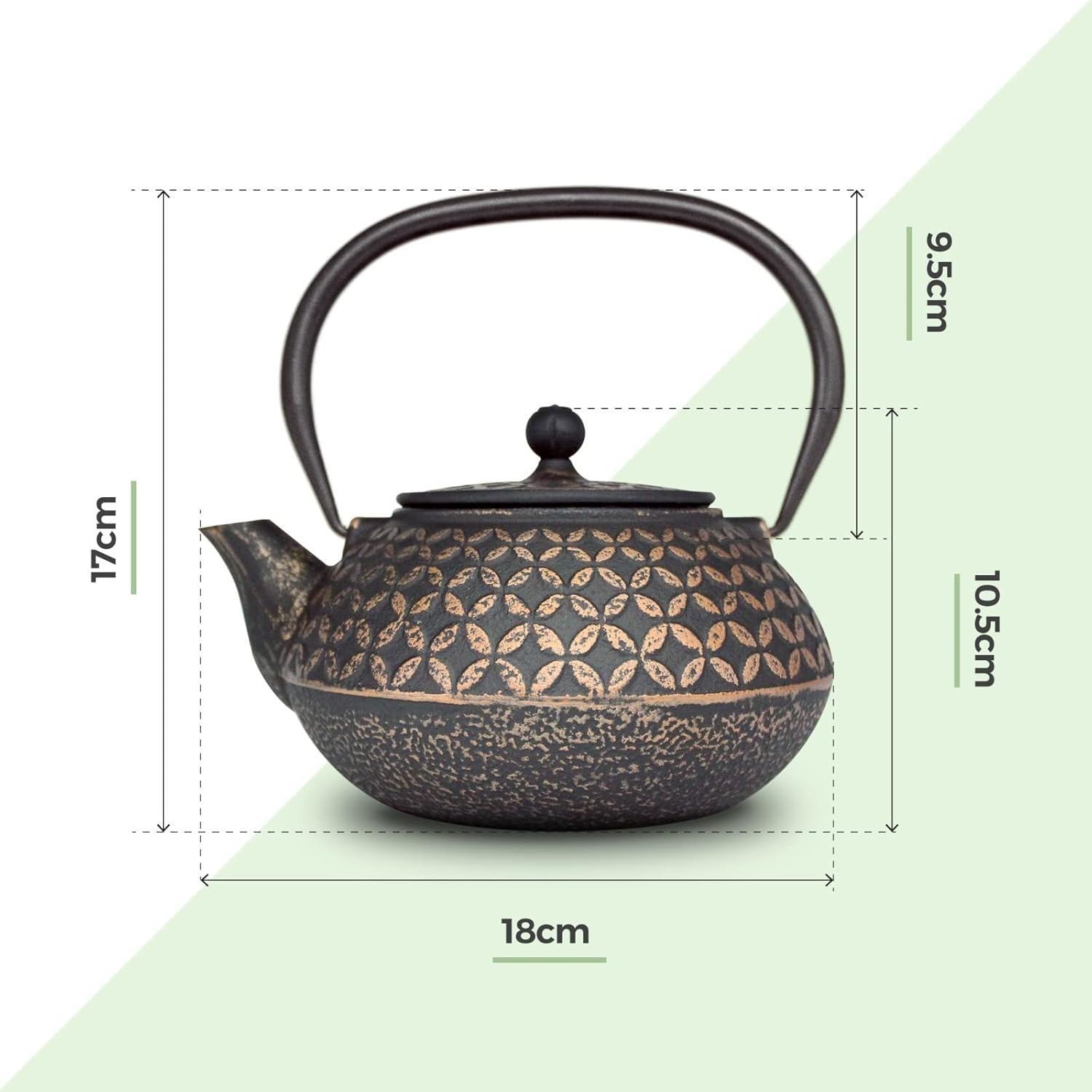 Cast Iron Teapot 900ml Tea Pot w/ Stainless Steel Infuser Black Gold