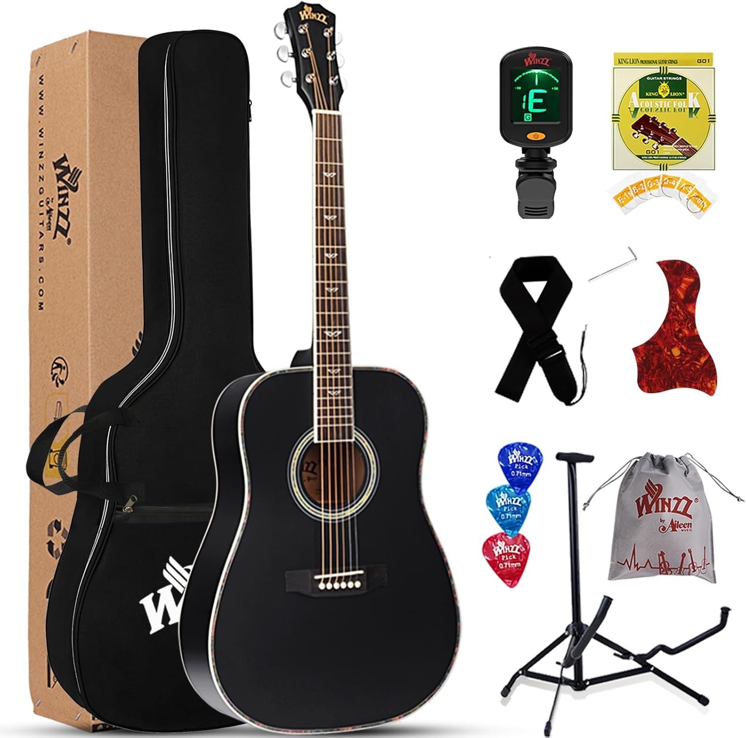 Full Size 4/4 Dreadnought Acoustic Guitar Starter Kit Black