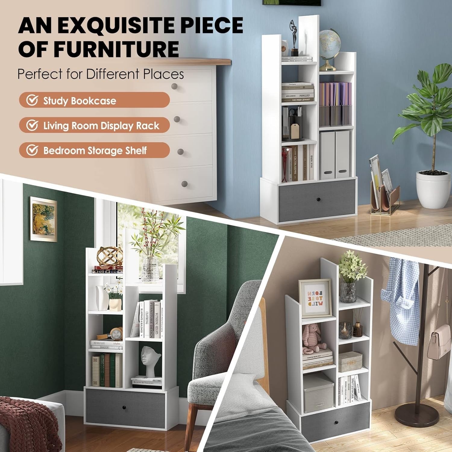7-Tier White Wooden Bookshelf with Folding Drawer, Space-Saving Storage