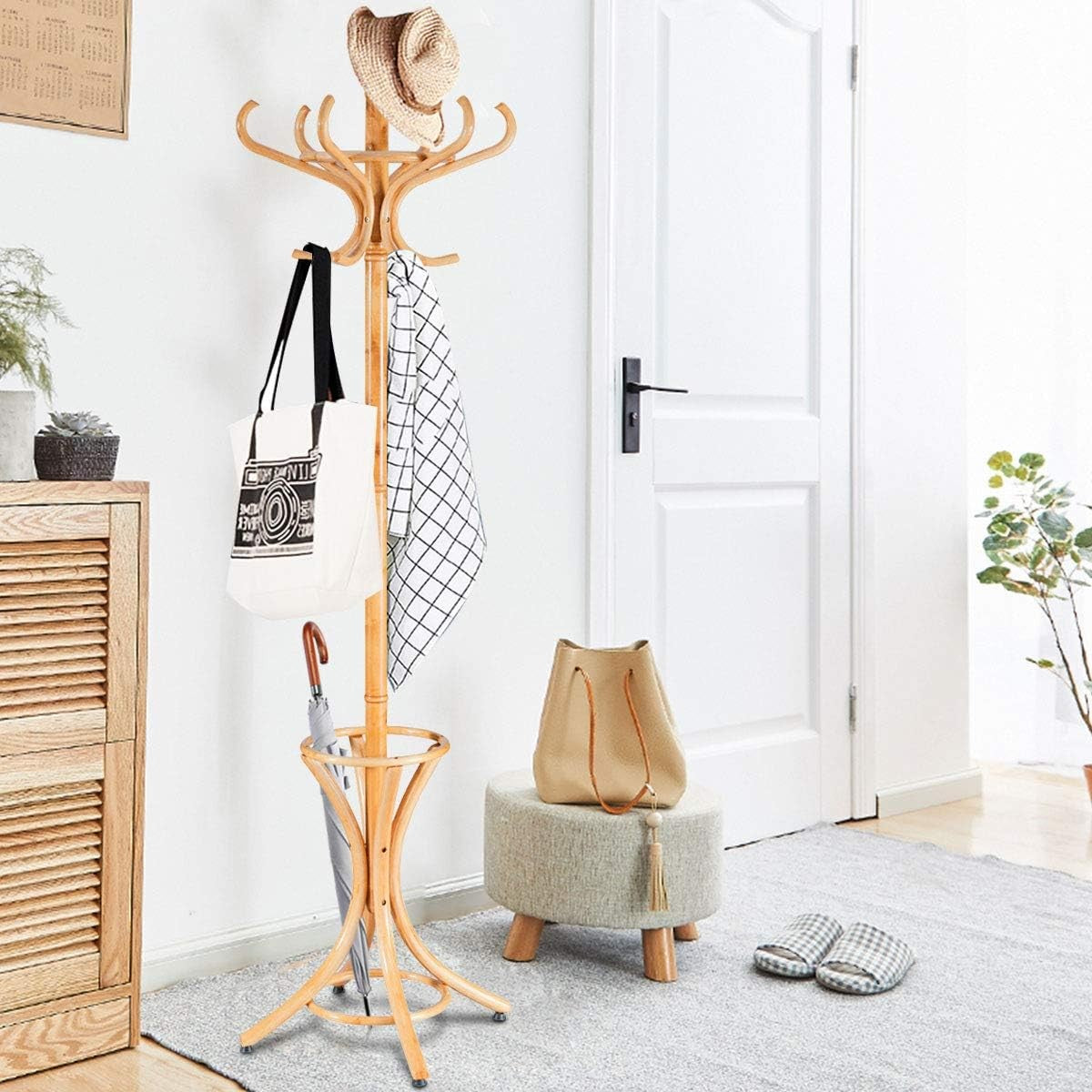 Oak Solid Wood Coat Rack with 12 Hooks & Umbrella Holder | Freestanding Hall