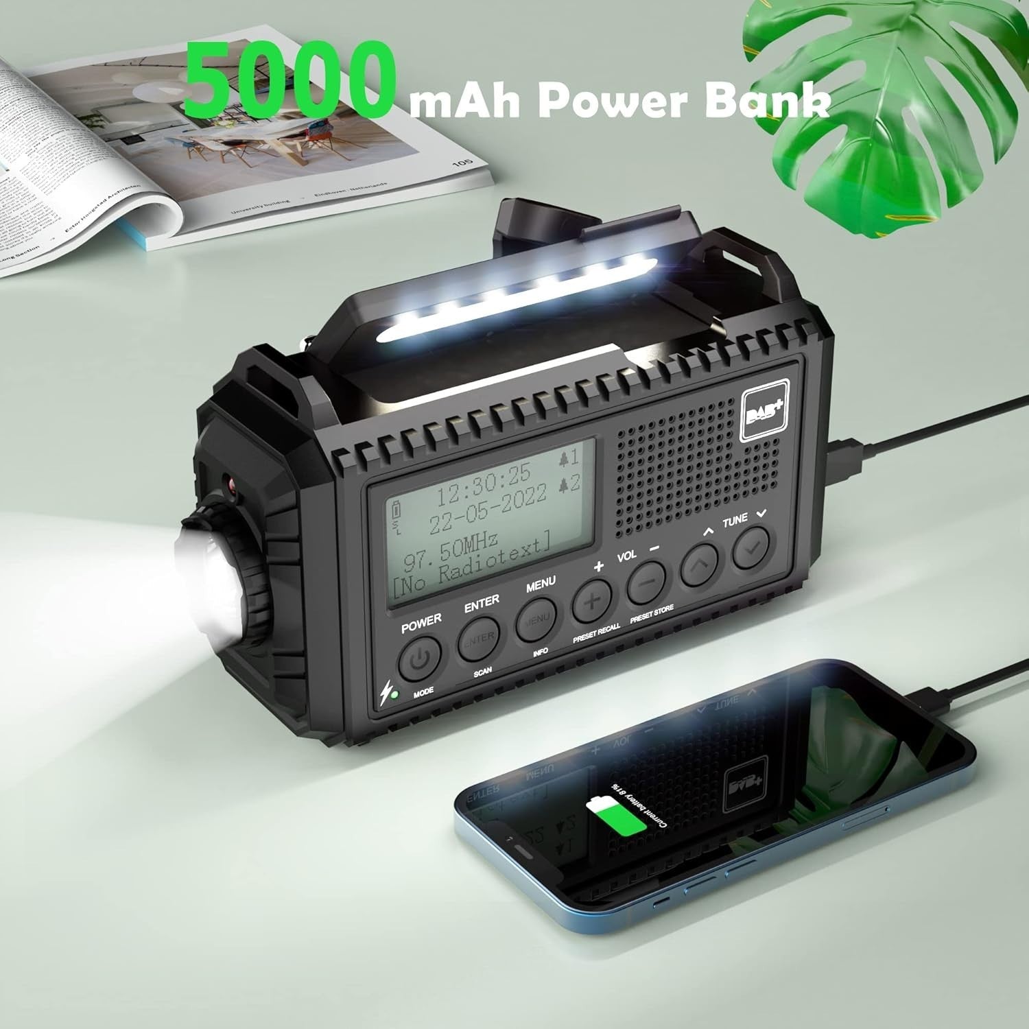 DAB+ Emergency Wind Up Radio Solar 5000mAh USB Charger SOS