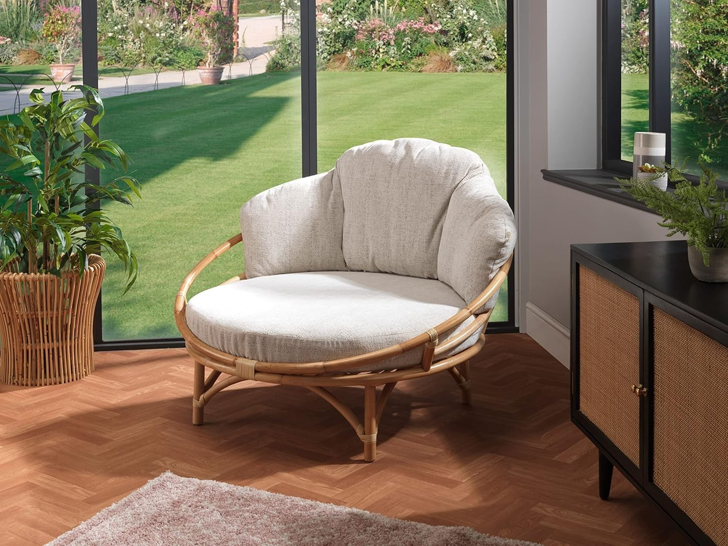 Natural Rattan Snuggle Chair Indoor Cane Lounge Seat with Deep Cushioned Comfort