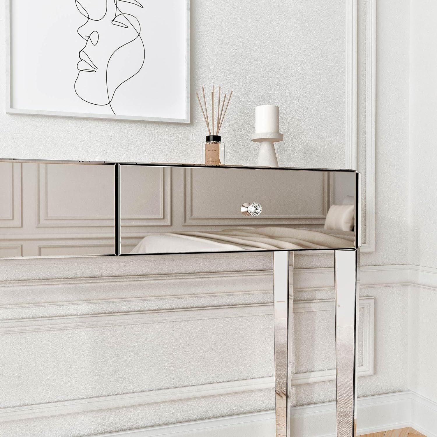 Silver Mirrored Dressing Table Vanity Desk 2 Drawers Glass Top Wood Modern