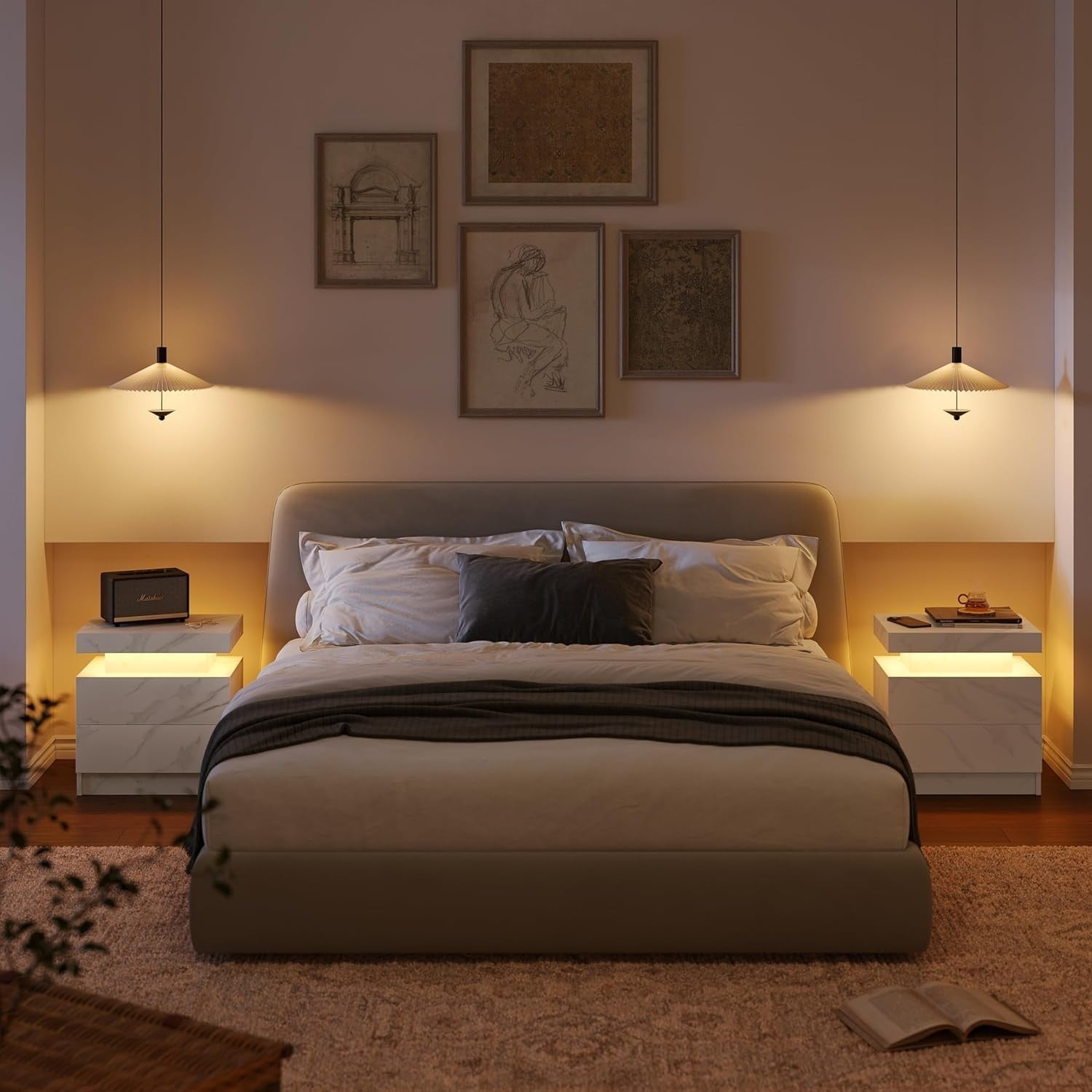 Modern Marble White LED Bedside Table with Drawers – RGB Light Nightstand