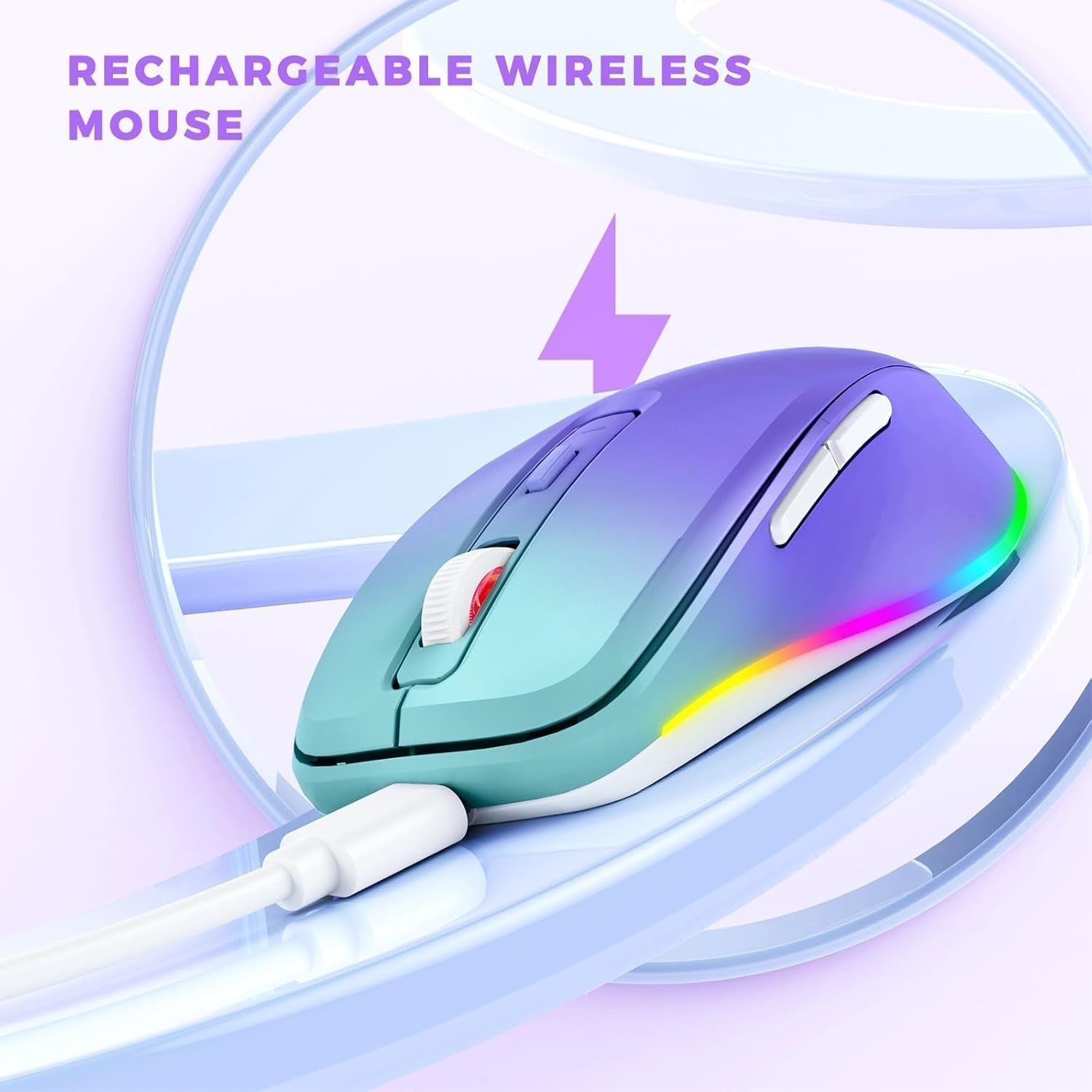 RGB Wireless Mouse Rechargeable Silent USB Jiggler Green Purple