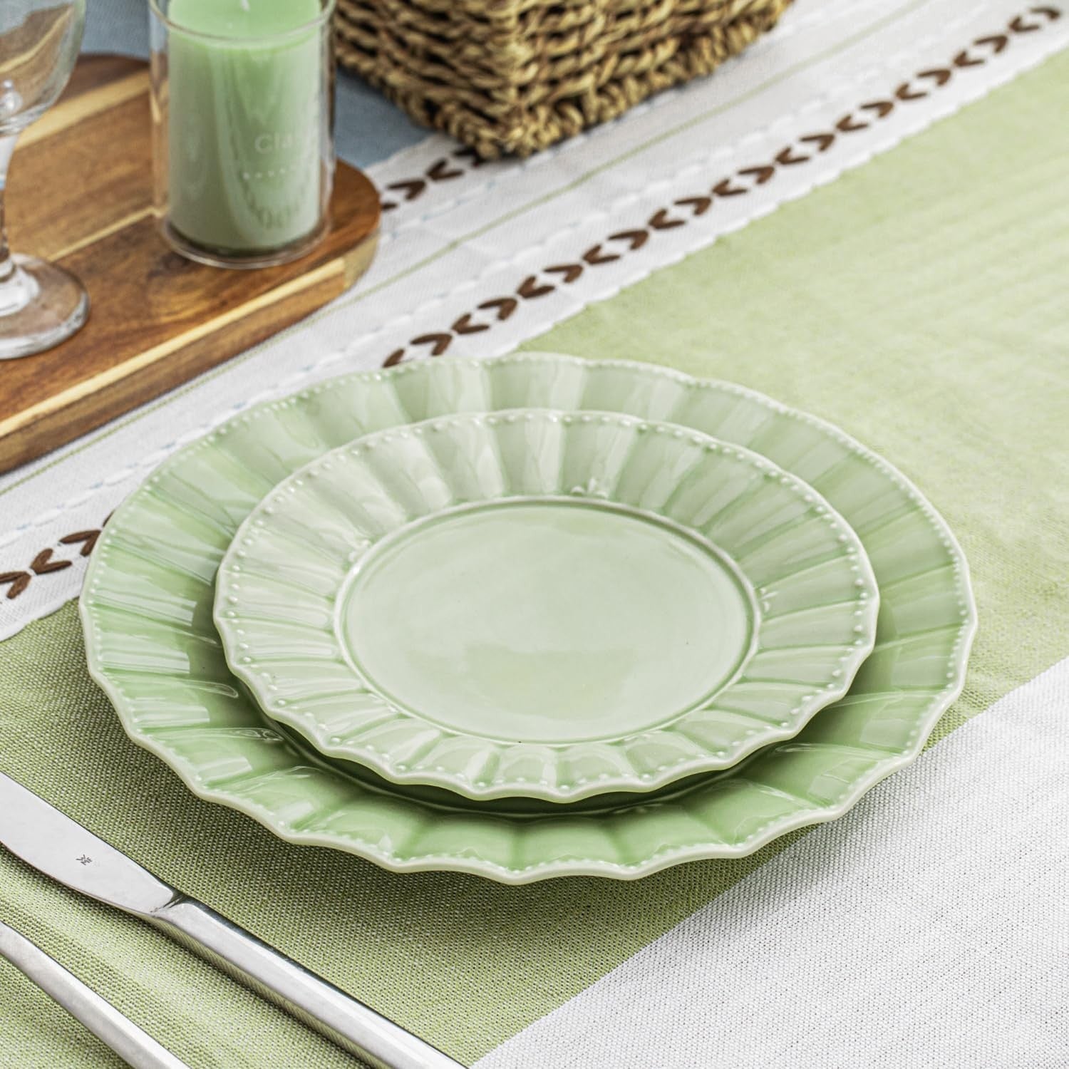 12 Piece Porcelain Dinner Set Green Plates Bowls Microwave Dishwasher Safe
