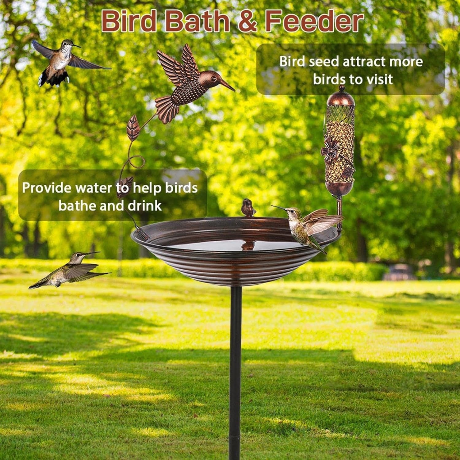 Metal Bird Bath Feeder Outdoor Garden Decor Weatherproof Iron Stand