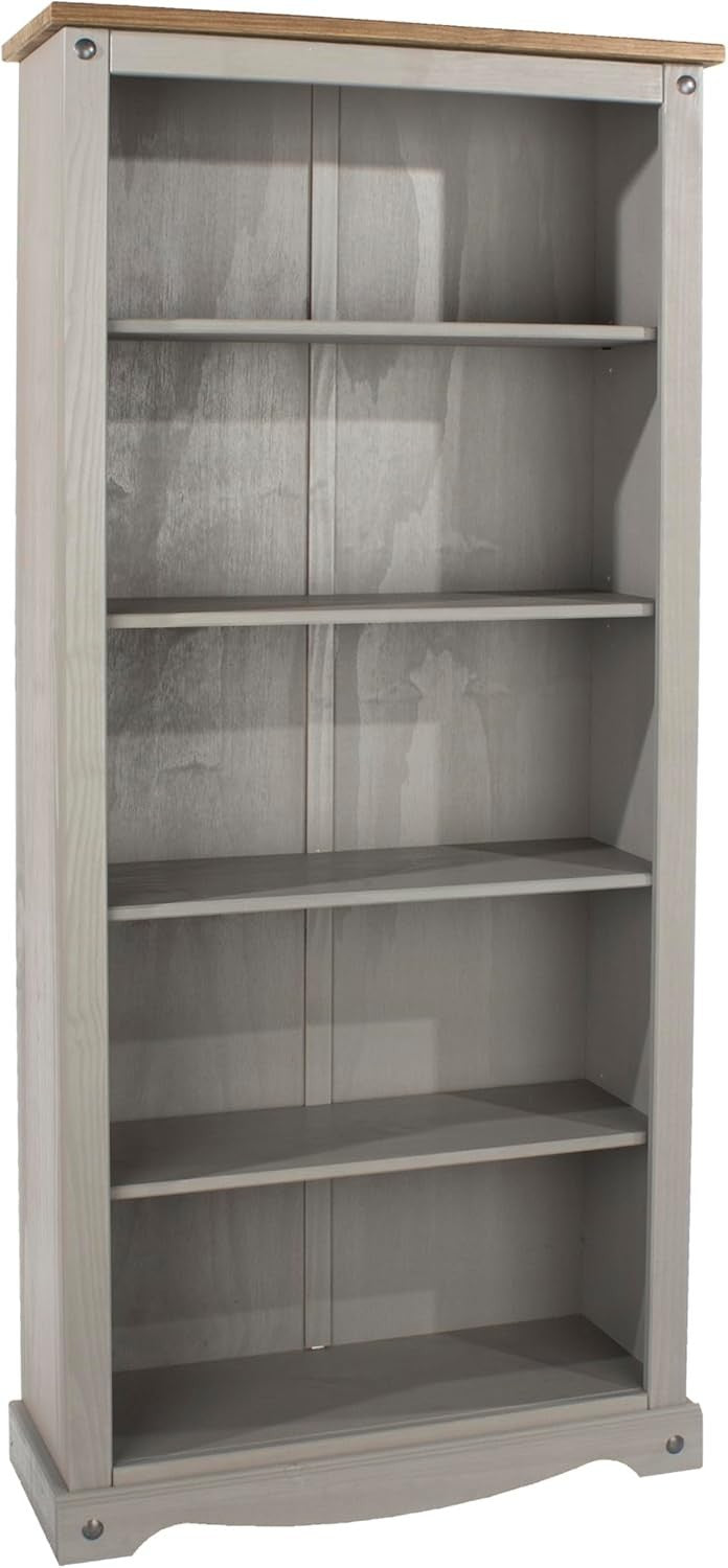 Solid Pine 5 Tier Tall Bookcase Large Wooden Storage Shelf Grey