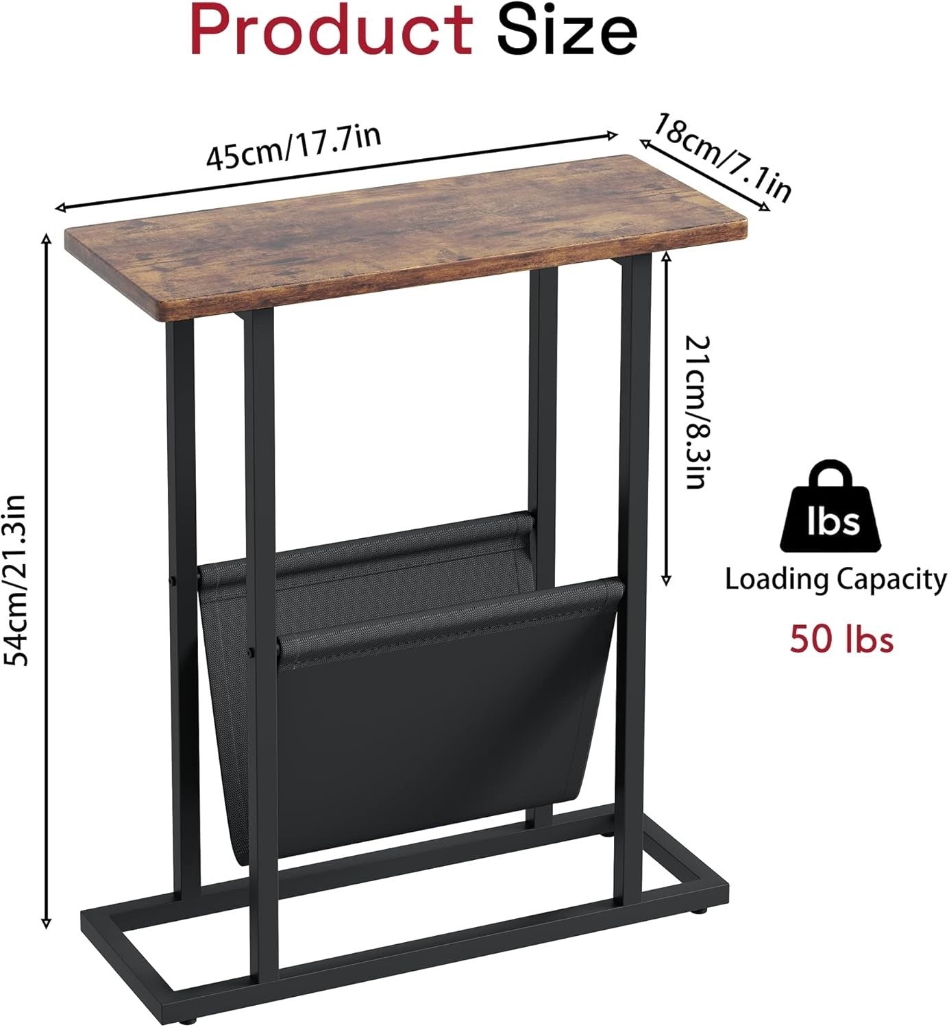 Narrow Side Table with Storage Bag Slim Sofa Bedside Table Small Space 18x45x54