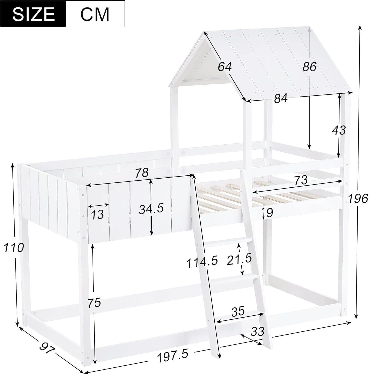 White Wooden Bunk Bed with Ladder, Guard Rail & Treehouse Mid Sleeper 3FT