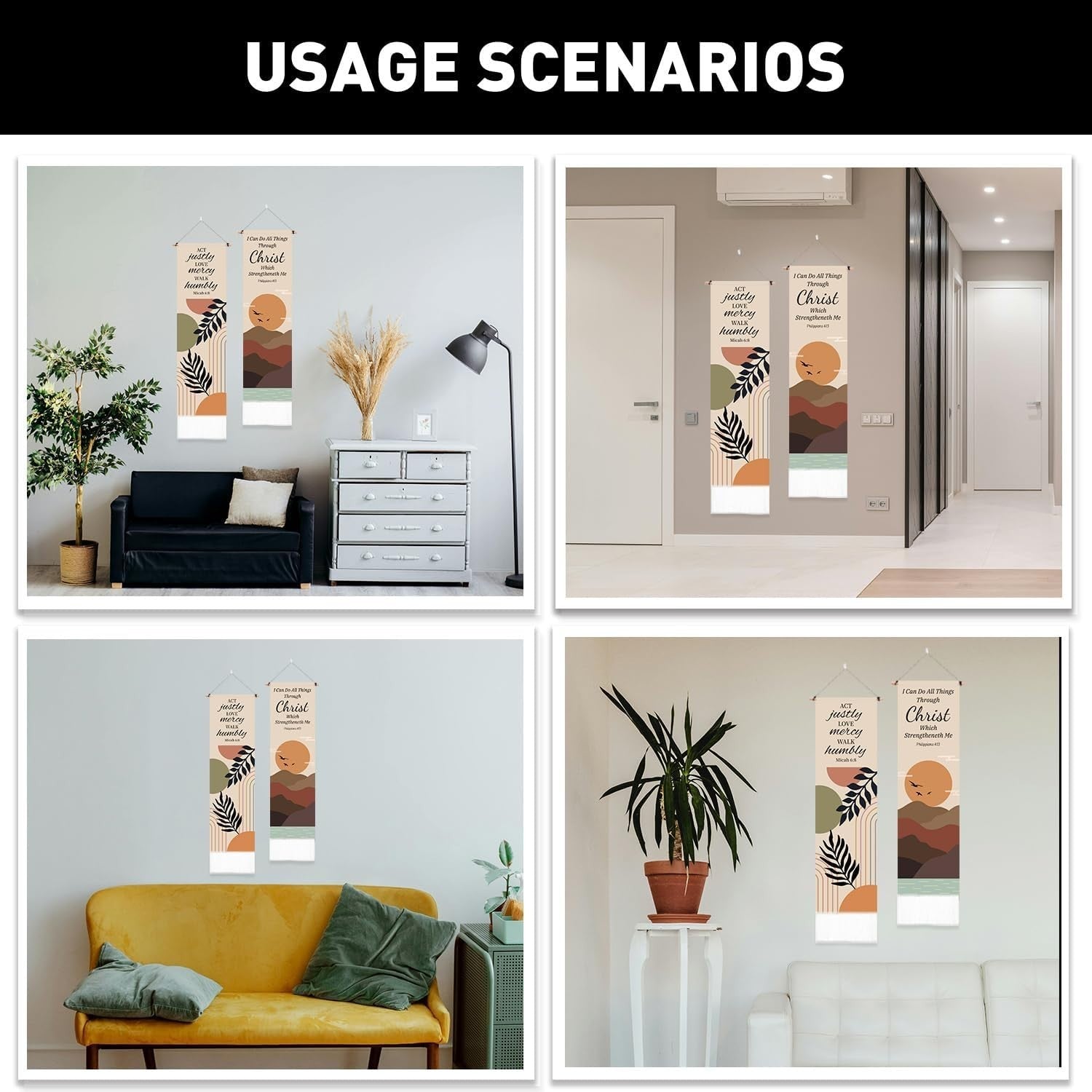 2-Pack Boho Bible Text Tapestry 52"x13" Vertical Wall Decor