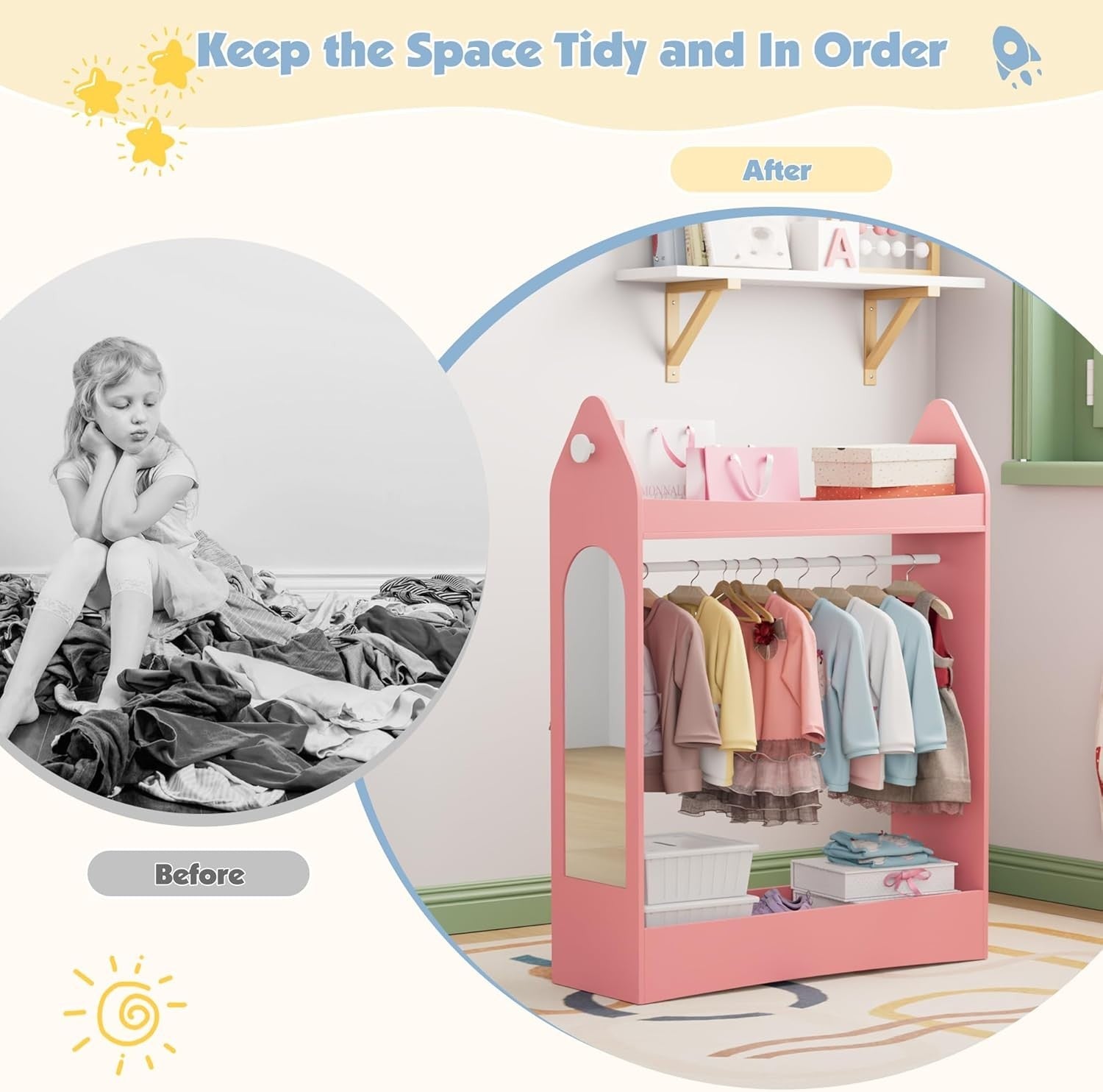 Kids Wardrobe with Mirror & Hanging Rail, Open Storage, Pink Rocket Design